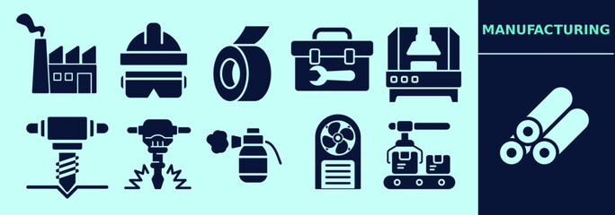 Manufacturing icon collection with factory, safety equipment, tape, toolbox, industrial fan, pick axe, drilling, paint spray, conveyor belt with boxes, metal tubes. Editable elements, size and color.