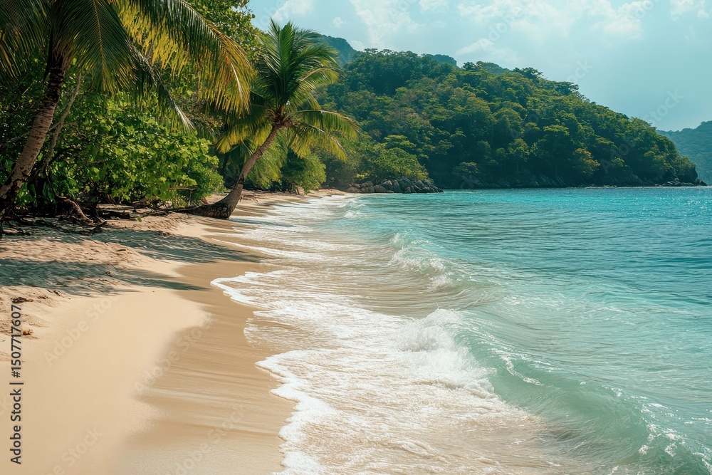 Poster serene beach landscape with gentle waves lapping the shore under a clear sky and soft clouds during 