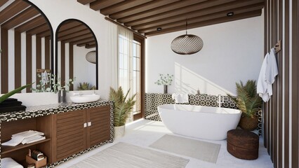 3d render of modern boho bathroom interior with freestanding tub, wooden beams, patterned tiles, and tropical plants. Natural light and earthy textures create a cozy, spa-like atmosphere.