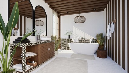 3d render of modern boho bathroom interior with freestanding tub, wooden beams, patterned tiles, and tropical plants. Natural light and earthy textures create a cozy, spa-like atmosphere.
