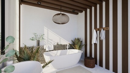3d render of modern boho bathroom interior with freestanding tub, wooden beams, patterned tiles, and tropical plants. Natural light and earthy textures create a cozy, spa-like atmosphere.