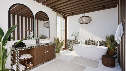 3d render of modern boho bathroom interior with freestanding tub, wooden beams, patterned tiles, and tropical plants. Natural light and earthy textures create a cozy, spa-like atmosphere. © Christiniush
