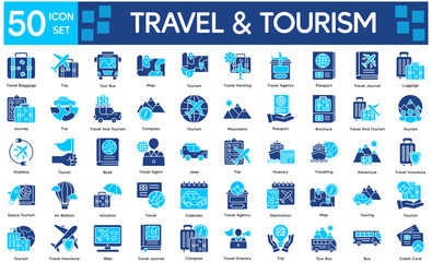 Travel And Tourism Icons Collection related to   Trip, Journey, Vacation, Adventure, Destination, Itinerary, Map, Compass, Luggage, Passport, Airplane.