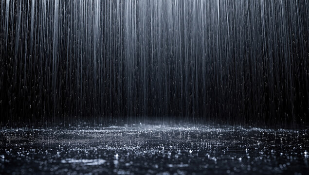Rain falling on the ground with splashing water droplets in dark moody atmosphere