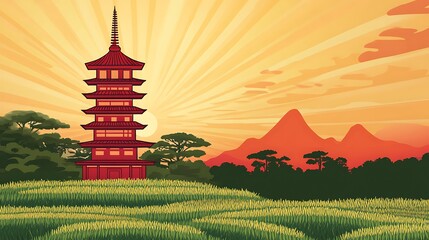 Pagoda stands amidst golden rice paddy at sunrise.