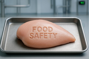 Raw chicken breast with food safety text carved on surface, placed on stainless tray inside industrial environment representing quality control in food safety protocols..