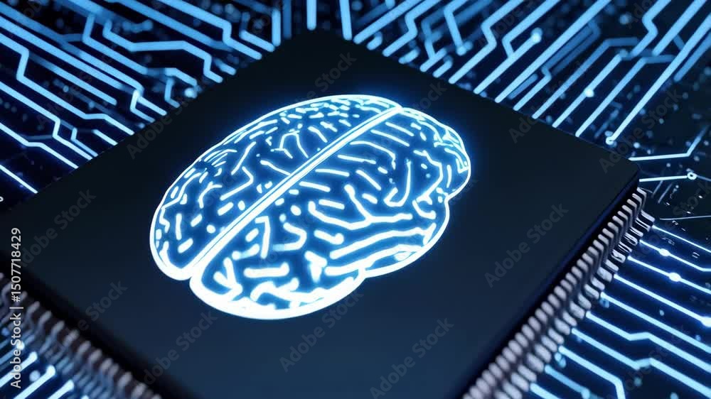 Poster computer chip with glowing brain icon on electric circuit board, representing artificial intelligenc