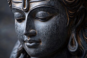 Serene close-up of a finely crafted statue depicting a spiritual figure with intricate details, showcasing artistry and devotion in a tranquil setting
