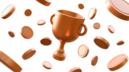 Bronze award cup and bronze coins on a isolated background. Coins flying around the trophy cup Victory success concept. Winners with prize bronze cup, money coin on isolated background. 