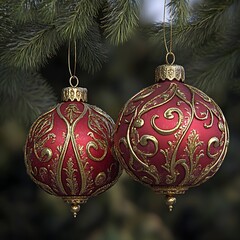 Ornate christmas ornaments hanging from evergreen branches.