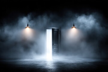 Open Door In Dark Room With Fog And Light