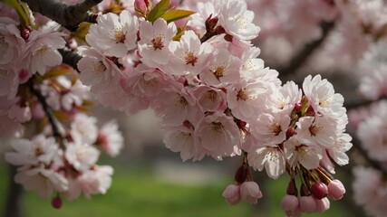 pink cherry blossoms in full bloom. The flowers are delicate, with soft petals and bright yellow stamens, showcasing their classic beauty. The blossoms are attached to slender branches green leaves