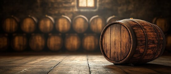 Wooden barrel lying on rustic wooden floor inside a dimly lit cellar with blurred barrels stacked against stone wall background