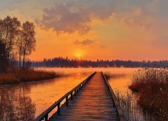 Fototapeta premium Wooden pier extending into calm lake surrounded by reeds and trees at vibrant orange sunset with mist and cloudy sky