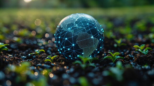 Digital network globe sprouting in fertile soil. Conceptual merge of technology and nature. Ideal for sustainability, agri-tech, or green innovation themes.