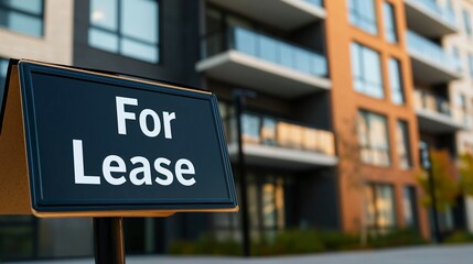 Obraz premium Modern apartment building with for lease sign in focus, urban real estate rental property and commercial space vacancy concept.
