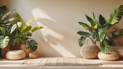 soft, warm, and modern aesthetic, featuring an abundance of natural textures and lush tropical plants such as banana leaves, hibiscus, and monstera, against subtle background of wood or woven patterns