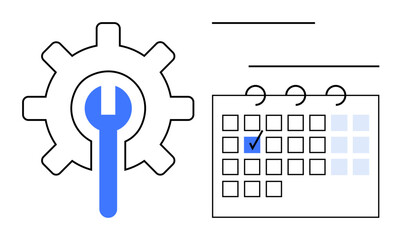Gear with wrench next to a calendar marked with a check. Ideal for maintenance, repair scheduling, task planning, system optimization, organization, workflow management, flat simple metaphor