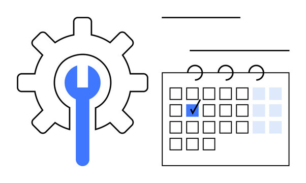 Gear with wrench next to a calendar marked with a check. Ideal for maintenance, repair scheduling, task planning, system optimization, organization, workflow management, flat simple metaphor