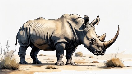 Fototapeta premium Scientific illustration-style black rhinoceros in its arid scrubland habitat, muted earth tones, detailed line art with subtle watercolor textures, white background, educational and minimalist