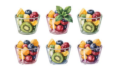 Watercolor Mixed Fruit Snack Cups on Solid White Background
