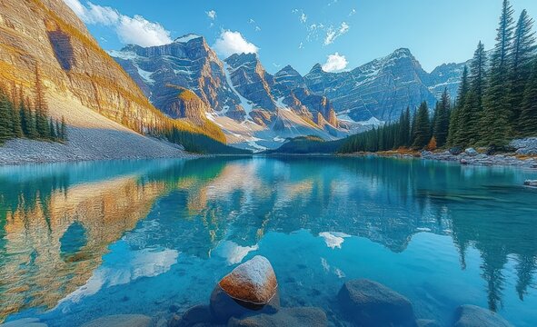 Clear turquoise lake surrounded by tall pine trees and rugged snow-capped mountains under a bright blue sky with fluffy white clouds reflecting in calm water