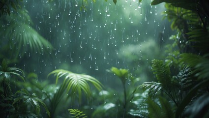 Fototapeta premium drizzly day, with delicate, translucent raindrops gently falling from above, casting a misty veil over the lush, vibrant green leaves of the surrounding foliage, which appear to be a mix of ferns
