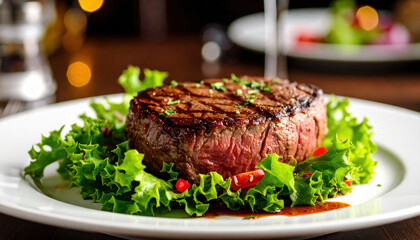 Succulent grilled beef steak served on bed of crisp lettuce, garnished with vibrant herbs and drizzle of vinaigrette, creating mouthwatering presentation