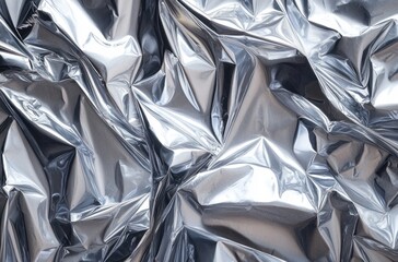 Close-up of crumpled, reflective silver foil with intricate folds and shiny metallic texture creating abstract patterns and light reflections