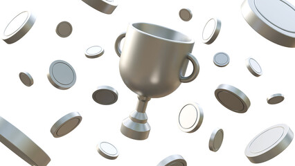 Silver award cup and silver coins on a isolated background. Coins flying around the trophy cup Victory success concept. Winners with prize silver cup, money coin on isolated background. 