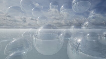 3d render of many glass transparent spheres on water floating, flying, falling. Elegance. Perfect for product display, branding, cosmetics or eco-friendly visual concepts.