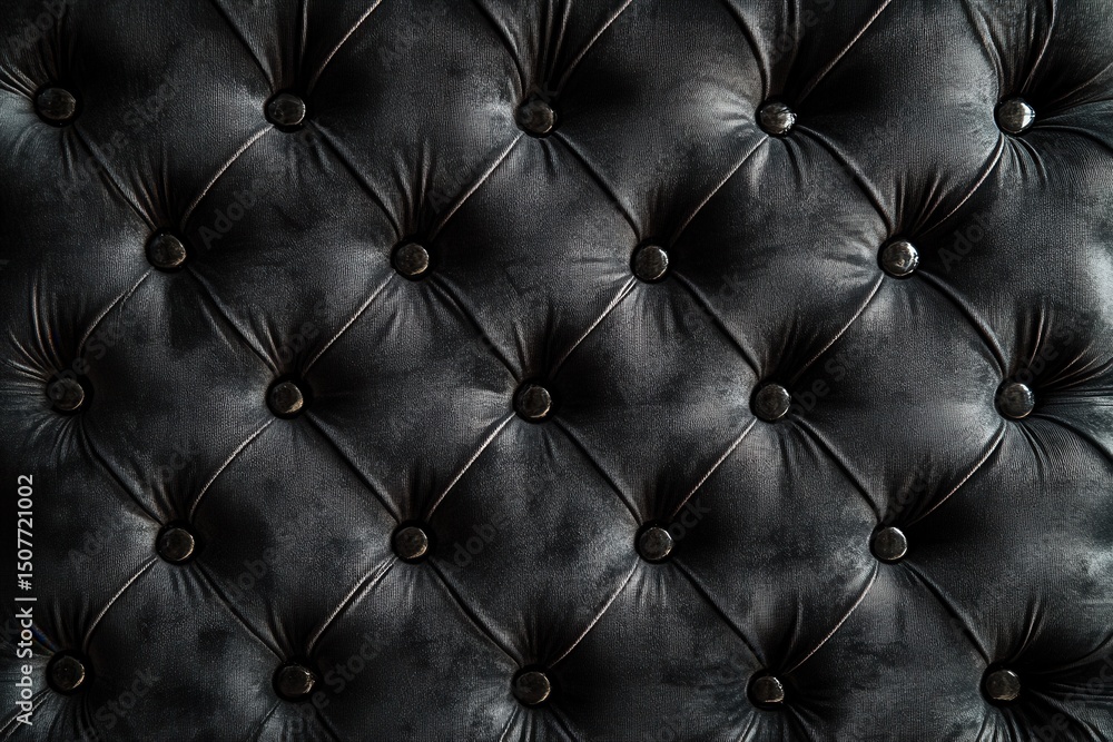 Poster Intricate black curtains adorn an ornate wall with detailed carvings and textures in a dimly lit artistic setting