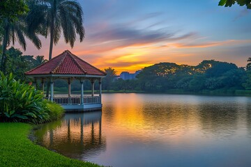 Fototapeta premium Serene lakeside gazebo sunset tropical paradise