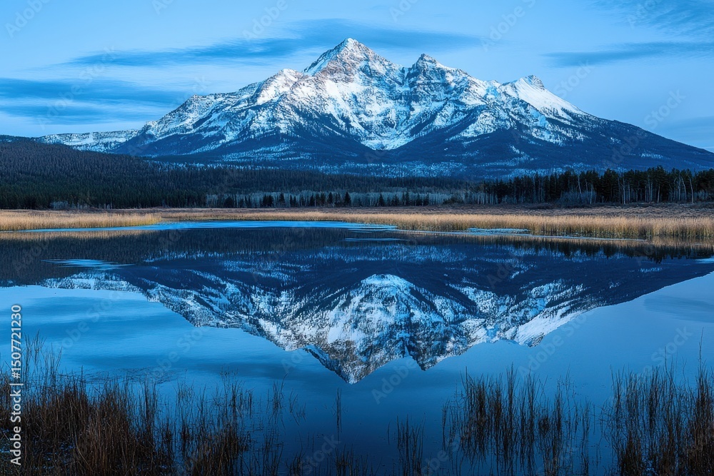 Aufkleber snow-covered mountain reflects in calm lake at dawn over a pristine landscape, capturing the serenit