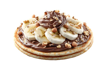 Flat Crepe Topped with Sliced Banana, Hazelnuts, and Swirls of Chocolate Hazelnut Spread Isolated on Transparent Background