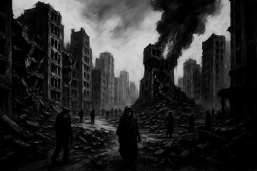 Aftermath silence - A charcoal drawing of an imaginary war zone, showing a devastated modern cityscape with collapsed buildings and scattered civilians amid rubble, captured with stark contrasts and r