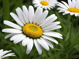 Obraz premium Close-up of a blooming white daisy with yellow center in lush green surroundings, capturing natural beauty and fresh floral charm.