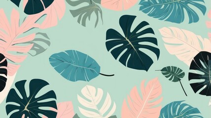 Obraz premium Pastel Tropical Monstera Leaf Pattern Seamless Illustration for Design Projects