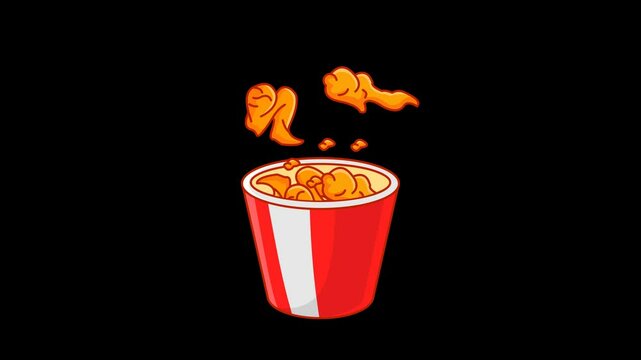 Cartoon-style animated fried chicken served in a bucket. Perfect for fast food projects, food backgrounds, and snack visuals