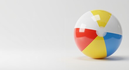 Colorful striped beach ball with red, yellow, blue, and white panels, isolated on a clean white studio background. Summer vacation, play, and fun concept. Inflatable toy for beach or pool activities.