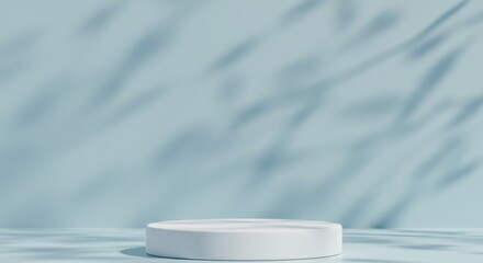 White podium with leaf shadows on a blue background for product display