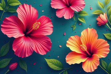 Bold, graphic hibiscus blooms in vibrant colors, geometric layout , bright, texture, print