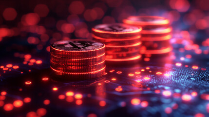 Glowing Bitcoin stacks. Futuristic digital currency concept in a high-tech environment. Ideal for blockchain, finance, and cryptocurrency themes.