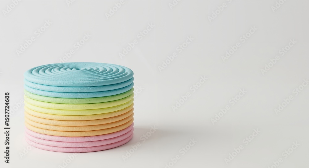 Poster colorful pastel stack of circular ridged objects. isolated on white background with concentric spira