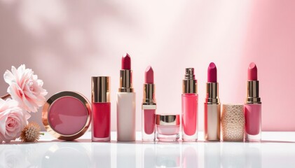 Luxury cosmetics displayed on white background, design, items