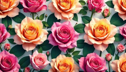 Bold blooming roses in repeating geometric pattern, fabric, decorative