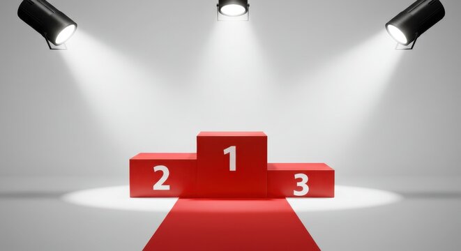 Red winners podium with numbers one, two and three under spotlights