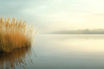 Tranquil morning mist envelops the serene lake adorned by golden reeds at dawn