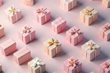 Elegant repeating gift box pattern, pastel colors, celebration, sophisticated