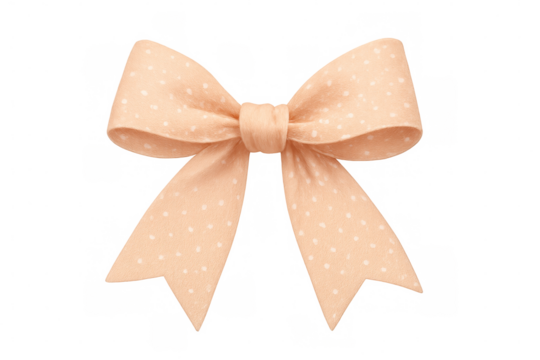 Peach decorative bow with white polka dots isolated on transparent background, perfect for adding a touch of elegance to gifts or designs
